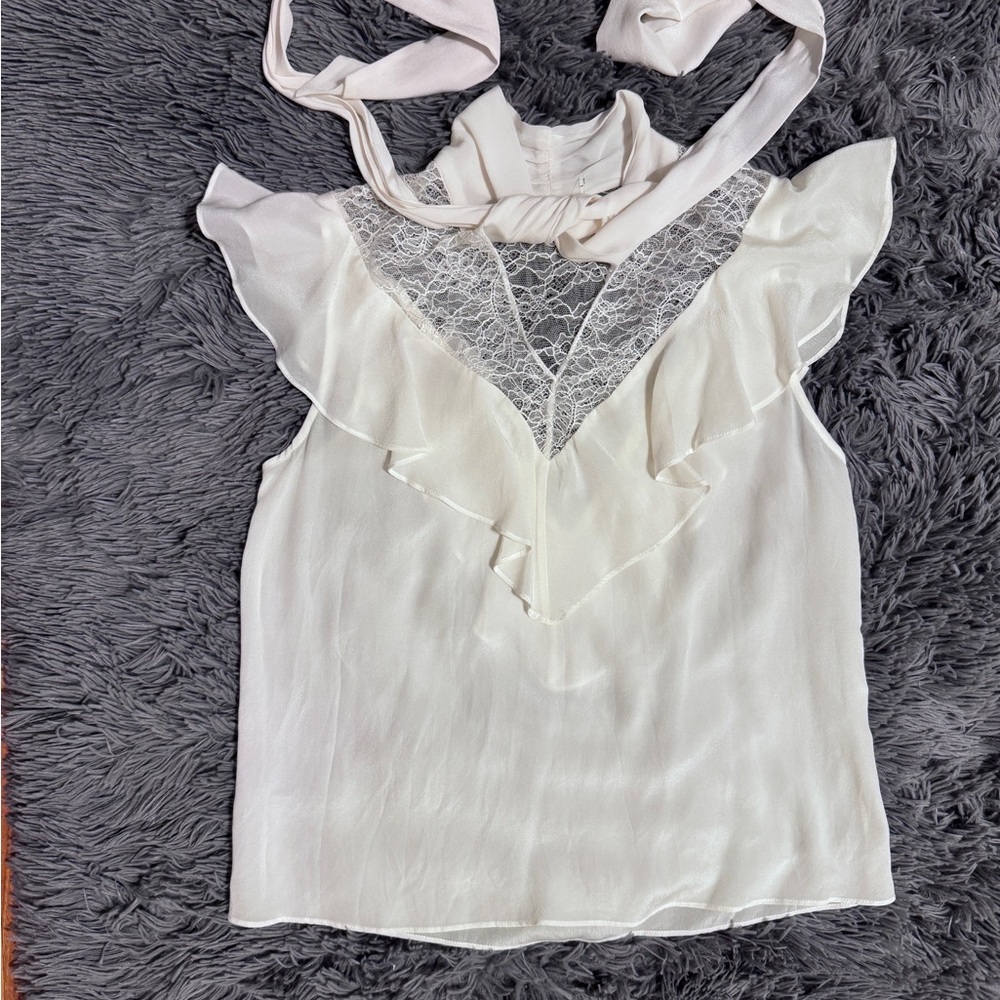 Elegant Off White Lace Trim Ruffled Women's Top